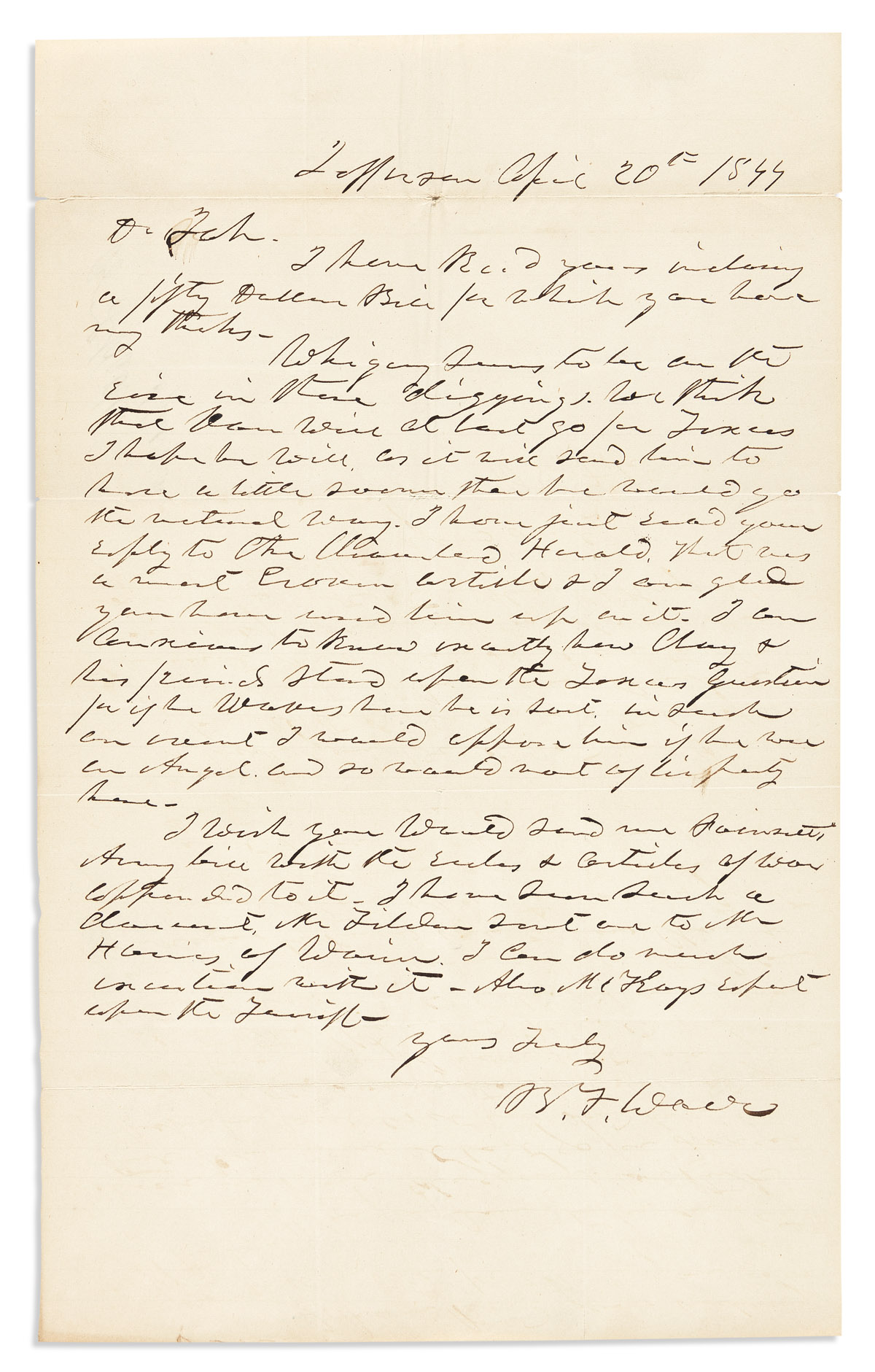 WADE, BENJAMIN F. Autograph Letter Signed, B.F. Wade, to Dr Sch.,